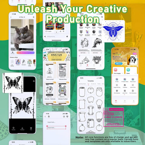 Ultra Compact Mini Sticker Printer And Portable Wireless Craft Maker For Students Hella Convenient Instant Graphic Output showing app interfaces for various designs.