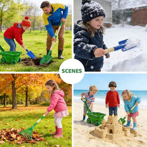 Children using 10 Piece Kids Gardening Tools Set With Wheelbarrow Shovel Rake Hoe And Leaf Rake For Outdoor Backyard Play