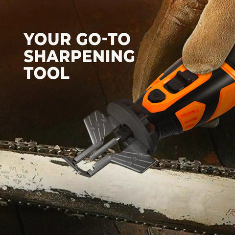 Cordless Electric Chainsaw Sharpener Kit with tool sharpening saw chain and angle guide in use.