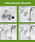 Ultimate No Drill Dog Shower Attachment Kit chrome diverter with handheld sprayer, showing 3-way on/off and angle adjustments.