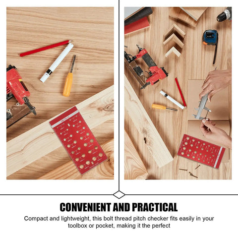 Check Screw Thread Sizes Fast With This Heavy Duty Aluminum Alloy Gauge Set For Metric And Standard Bolts That Fits In Your Pocket Perfectly, red metric gauge on wood