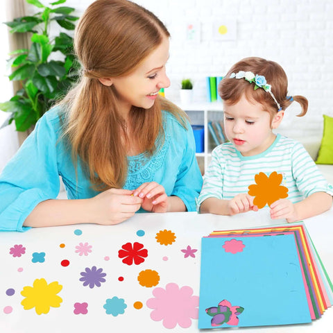 Child and adult crafting with 482 Piece DIY Flower Cutouts Set With Colorful 2 Sided Cardstock Flowers Die Cuts And Glue Points For Kids