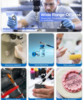 Collage of 100 Pack 22G 1 Inch Disposable Luer Lock Needles With Individual Packaging For Lab Refills And Precise Liquid Transfer Plant Applications Industrial Use And Ink showing various applications.