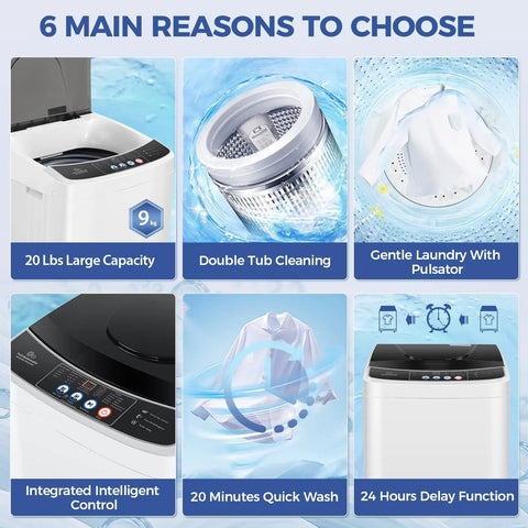 Compact Portable Washing Machine 20 Lbs Turbo Wash System features 20 lbs capacity, double tub cleaning and quick wash functionality.