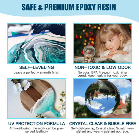 All In One Epoxy Resin Kit For Beginners With Silicone Coaster Molds, Pigments; showing self-leveling, non-toxic features