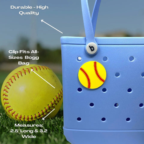 Softball Ball Tote Bag Charm With Team Spirit on blue Bogg Bag, 2.5x3.2 inches, easy clip-on for baseball fans and tote lovers.