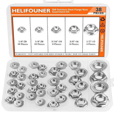 Top Drawer 304 Stainless Steel Flange Nuts Assortment Kit 38 Piece Set Loaded With Serrated Hex Lock Nuts In Four Sizes displayed in organizer.