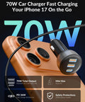 70W PD 3.0 3-Port USB C Car Charger with 3ft Cable, fast charging iPhone 17, close-up view of charger and phone