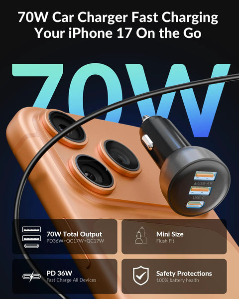 70W PD 3.0 3-Port USB C Car Charger with 3ft Cable, fast charging iPhone 17, close-up view of charger and phone
