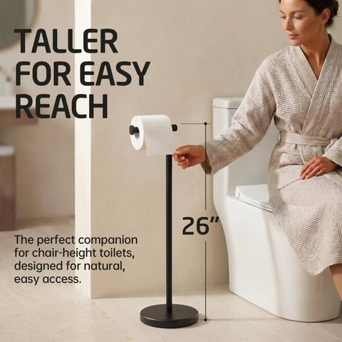 Zero Fuss Freestanding Toilet Paper Holder Stand In Classic Black With Heavy Duty Weighted Base For Smooth Easy Reach Setup Ideal For Chair Style Toilets And Tall Folks Who Want Solid Sturdy Stability demonstrating 26 inches height.