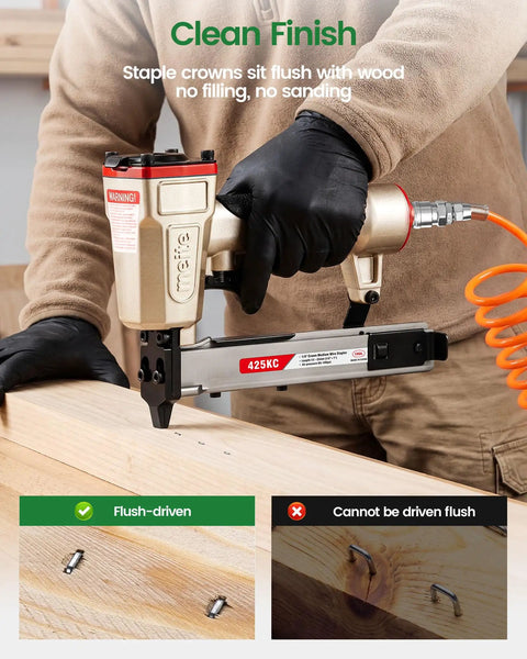 Top Shelf 18 Gauge 1/4-Inch Narrow Crown Staples 1-1/2-Inch Length 1120 Count in use with pneumatic stapler for flush fastening.