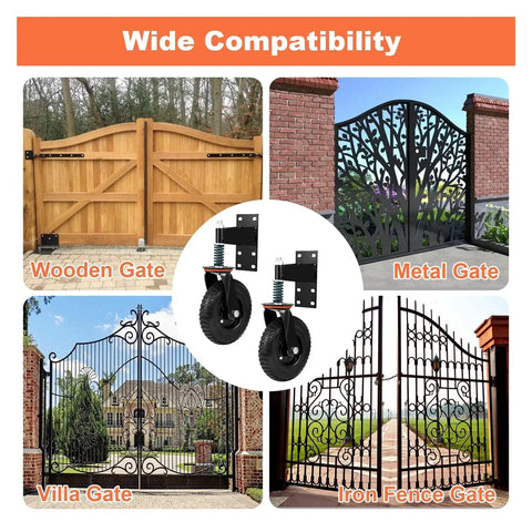 Heavy Duty Spring Loaded Caster Wheels 600 Pound Gate Rollers For Metal Tubing visible with wooden and metal gates.