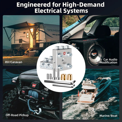Heavy Duty Battery Terminal Distribution Block With 14 Port Connectors And Vertical Brass Adapters For Car Audio Marine Automotive, clamp design, 6V-48V systems