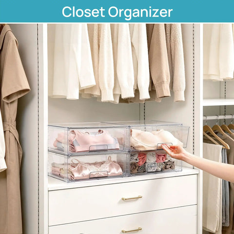 Stay Flawlessly Organized With These Hella Spacious Clear Stackable Storage Drawers 2 Pack Large Plastic Bins For Pantry Closet Heavy Duty Boxes For Daily Essentials, clear bins organizing clothing in closet.