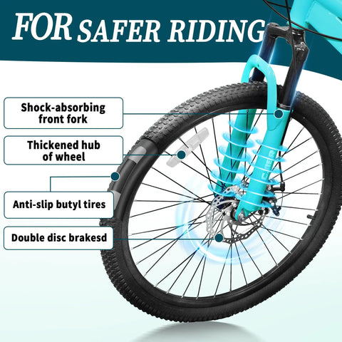 Mint green front wheel and fork of kid friendly mountain bike 20/24 inch with 7 speeds, suspension fork, anti slip butyl tires, dual disc brakes.