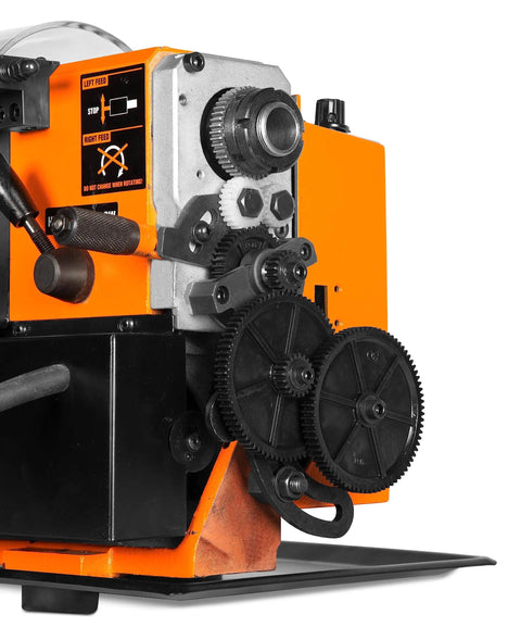 Close-up of gears on 7 By 12 Inch Benchtop Metal Lathe With Variable Speed And Two Direction Control 100 To 2500 RPM Thread Dial