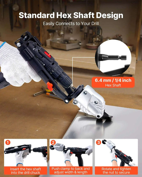 Sheet Metal Cutter Drill Attachment With 360 Degree Pivoting Head Sharp Blades Cuts 18 GA Galvanized Steel 20 GA Stainless Steel