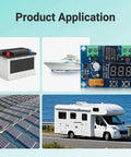 Two Pack Digital Dc Voltage Protector For 12 To 36 Volt Systems With Bright Lcd Readout shown with battery, boat, solar panels, and RV.