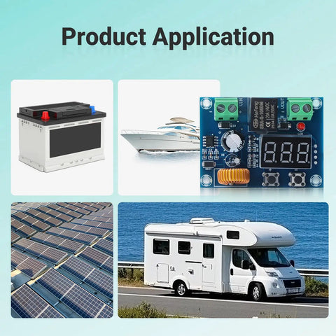 Two Pack Digital Dc Voltage Protector For 12 To 36 Volt Systems With Bright Lcd Readout shown with battery, boat, solar panels, and RV.