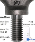 Close-up of Nine Pack 1/2-13 Eye Bolts, 1 Inch Long, Heavy Duty Lifting Eyebolts for Hoisting, thread specifications visible