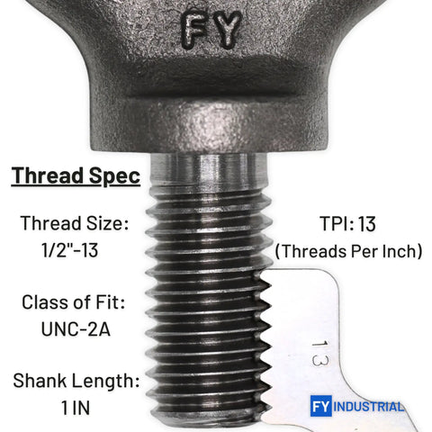 Close-up of Nine Pack 1/2-13 Eye Bolts, 1 Inch Long, Heavy Duty Lifting Eyebolts for Hoisting, thread specifications visible