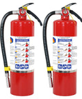 Two Pack Five Pound ABC Dry Chemical Fire Extinguisher With Foolproof Grab And Go Lever, red steel units with instructions visible.
