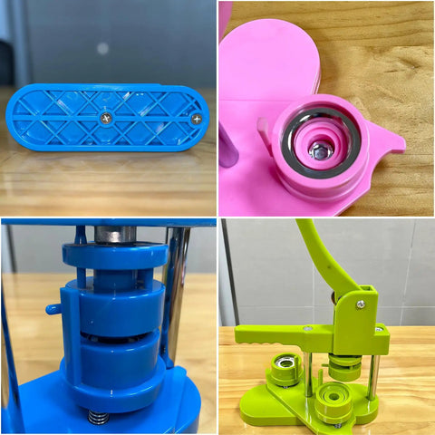 Close-up of 25mm Pin Button Maker Kit For DIY Badges With Press Machine And Mold Includes Circle Cutter, Cutting Pad, And 100 Button Parts, Easy To Use Button Press For Custom Pins, Green Color showing various components