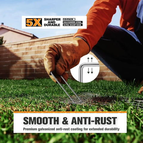 Gloved hand using 10-Pack 6-Inch Heavy Duty Landscape Staples Tough-As-Nails Rust-Proof Galvanized 11-Gauge U-Pins on grass