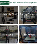 Image showing aluminum extrusion usage in commodity shelves, racing simulator setups, fish tanks, and 3D printers.