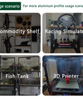 Usage scenarios for 60Pcs 4040 Aluminum Extrusion Hardware Kit including commodity shelf, racing simulator, fish tank, 3D printer.