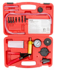 One-Man Brake Bleeder Kit With Vacuum Pump Tester, Power Steering Bleeder Kit With Adapters in red carrying case