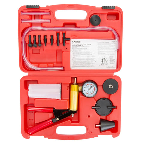 One-Man Brake Bleeder Kit With Vacuum Pump Tester, Power Steering Bleeder Kit With Adapters in red carrying case
