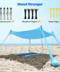 Beach Tent Sun Shelter 10x10ft Pop Up Canopy With UPF50 Plus Shade, shown on beach with aluminum poles, ropes, and pegs
