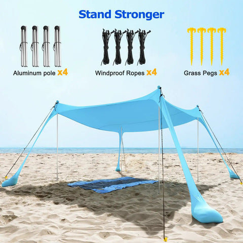 Beach Tent Sun Shelter 10x10ft Pop Up Canopy With UPF50 Plus Shade, shown on beach with aluminum poles, ropes, and pegs
