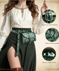 Totally Sick Medieval Renaissance Belt Bag For Women Featuring Green Floral Embossed PU Leather Waist Pouch With Antique Ring Buckle, shown with ornate buckle.