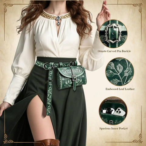 Totally Sick Medieval Renaissance Belt Bag For Women Featuring Green Floral Embossed PU Leather Waist Pouch With Antique Ring Buckle, shown with ornate buckle.