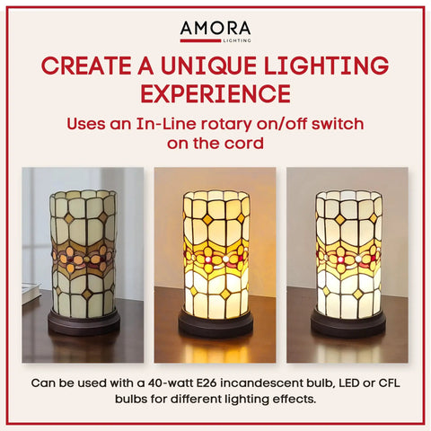 Floral Tiffany Style Mosaic Shade Accent Table Lamp With Inline Switch 11 inch bedside light with warm decorative floral pattern.