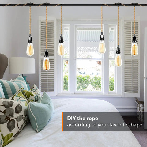 Plug In Hanging Pendant Light Fixture With 15 Ft Hemp Rope Cord, E26 Socket, Inline Switch in a bedroom setup