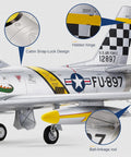Close-up of Sabre Inspired F86 EDF Jet RC Airplane showing snap-lock design and detailed markings.