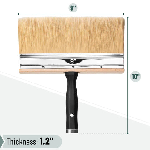 9 Inch Deck Stain Brush For Wood Wide 9 Inch Bristle Brush For Fast Even Stains And Sealants Smooth Finish Workhorse For Decks Fences And Exterior Wood, shown with dimensions.