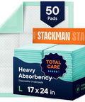 Super Absorbent Disposable Underpads 50 Pack 17 By 24 Inch Leak Proof Pee Pads For Dogs And Puppies packaging and pads stacked.