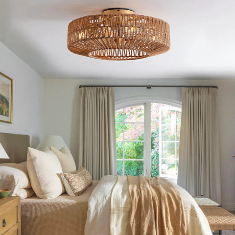Boho Caged Fandelier With Lights Flush Mount Ceiling Fan With Remote Control Rattan Enclosed Ceiling Fan With Six Speeds