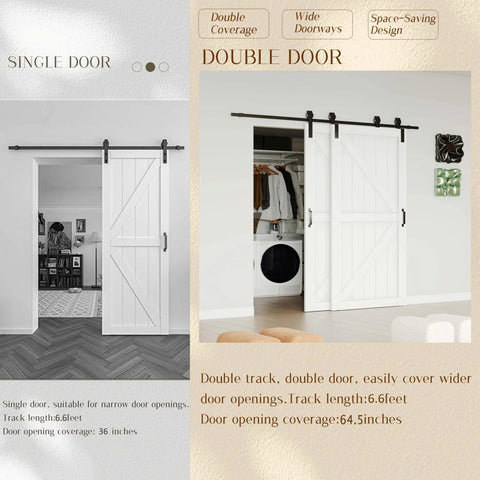 Space Saving Sliding Barn Door With Bypass Hardware Kit, 72 Inch By 84 Inch, Single Track For Double K Frame Doors, MDF Painted White