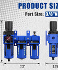 Three Eighths Inch NPT Air Compressor Water Separator Filter Regulator Lubricator Combo with size dimensions and metal bracket.