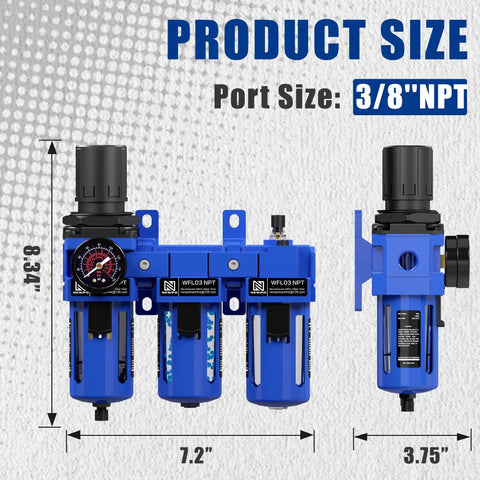 Three Eighths Inch NPT Air Compressor Water Separator Filter Regulator Lubricator Combo with size dimensions and metal bracket.