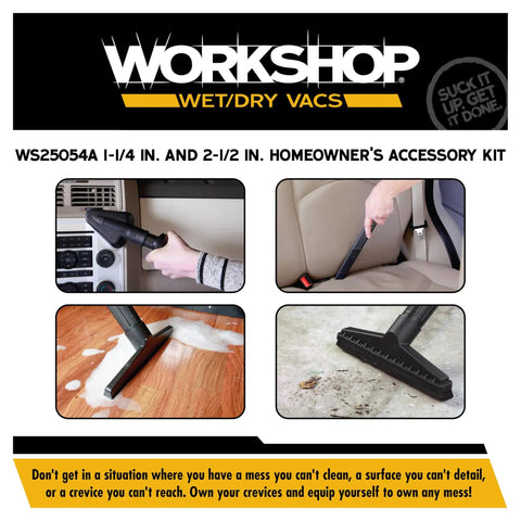 Top Tier Six Piece Wet Dry Vacuum Attachment Kit For 2 Inch And 2 5 Inch Shops, showing tools for car and floor cleaning.