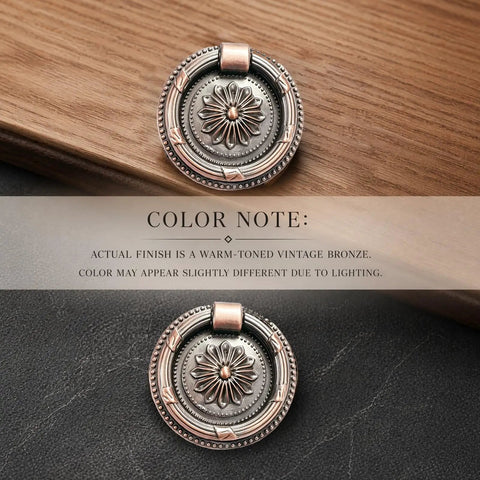 6 Pcs Killer Copper Drop Ring Cabinet Handles Vintage Sunflower Brass Drawer Pulls Oil Rubbed Bronze Finish on wood and leather background.