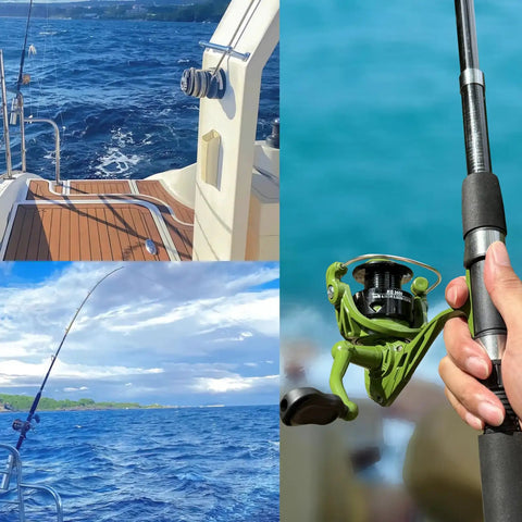 Collage of Go To Telescopic Fishing Pole Combo With Spinning Reels, ocean backdrop and close-up of green reel.