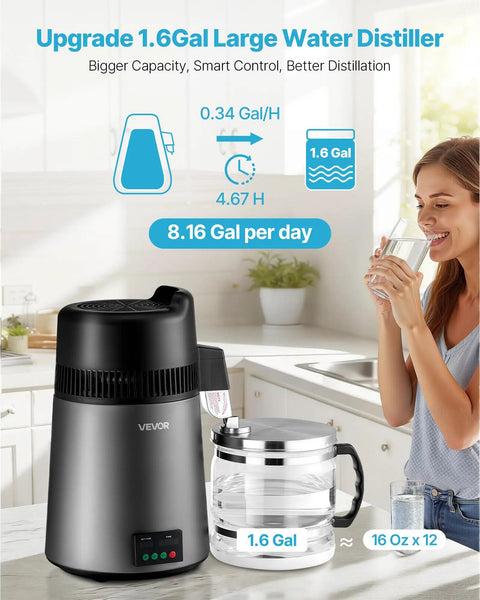Upgrade 1.6Gal Large Water Distiller with stainless and glass pot delivers 8.16 Gal daily for fresh hydration.