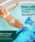 Hot Tub Scum Absorber Turtle 2 Pack Floating Spa Sponge scoop in a hot tub with a person relaxing.